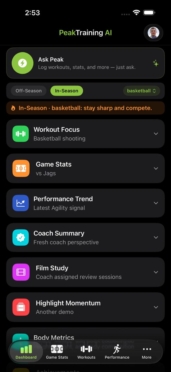 PeakTraining AI iOS app dashboard showing an athlete's workouts, stats, and highlight reels